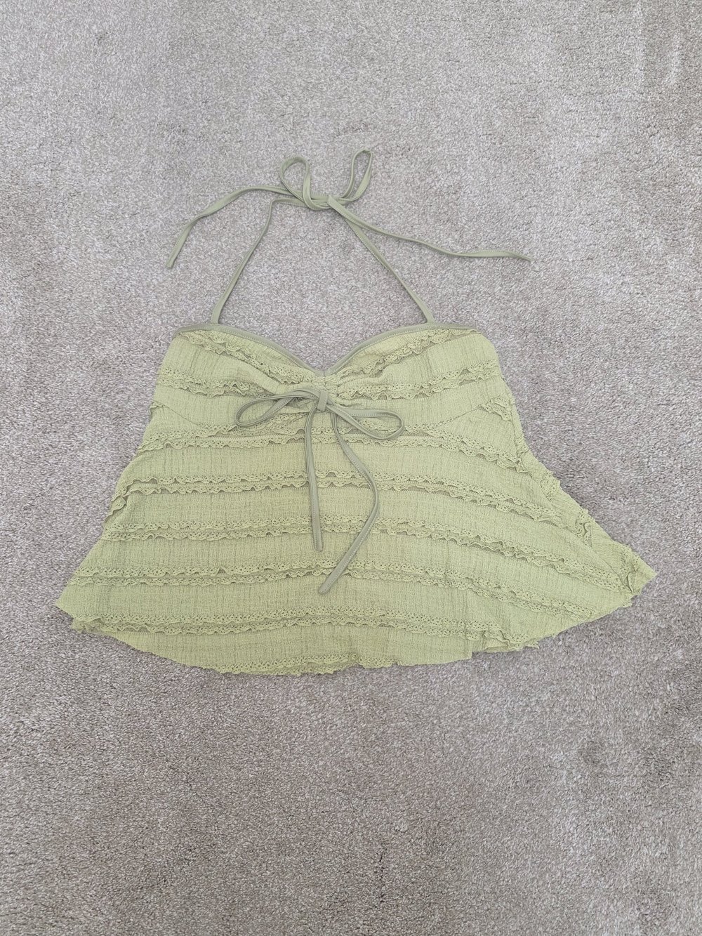 Lime Halter Bikini Top XS Ruched Lace Coquette Fairycore Whimsy Resort Romantic